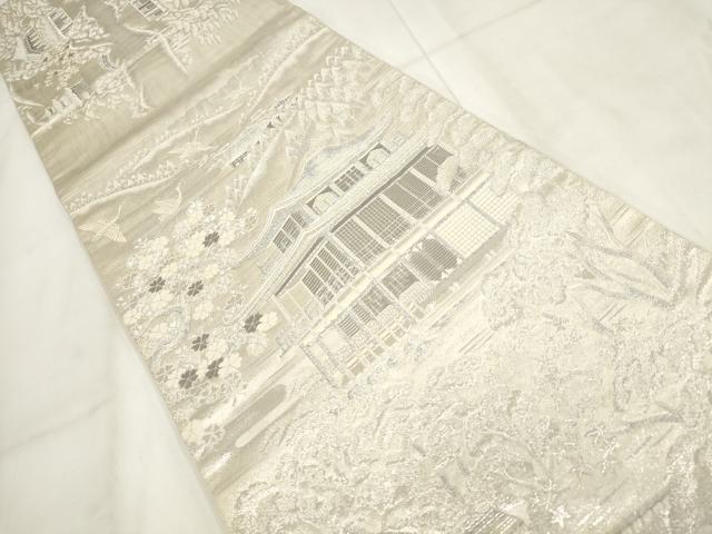 平和屋着物◎全通柄袋帯　飛鶴風景文　プラチナ箔　銀糸　正絹　逸品　AABH1140wj
