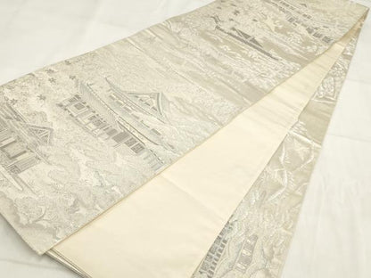 平和屋着物◎全通柄袋帯　飛鶴風景文　プラチナ箔　銀糸　正絹　逸品　AABH1140wj