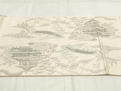 平和屋着物◎全通柄袋帯　飛鶴風景文　プラチナ箔　銀糸　正絹　逸品　AABH1140wj