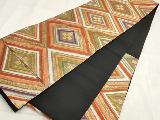 平和屋着物◎六通柄袋帯 唐織 菱文 黒地 金糸 正絹 逸品 AABH1144wj