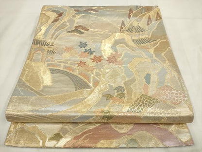 平和屋着物◎六通柄袋帯　遠山風景文　金糸　正絹　逸品　AABH1146wj