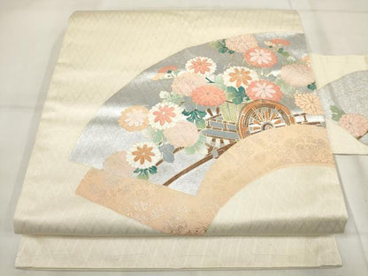 平和屋着物◎九寸名古屋帯　地紙花車文　銀彩　正絹　逸品　AABH1155wj