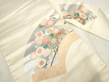 平和屋着物◎九寸名古屋帯　地紙花車文　銀彩　正絹　逸品　AABH1155wj