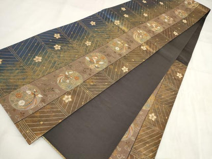 平和屋着物◎六通柄袋帯　花鳥文　金糸　引箔　正絹　逸品　AABH1182wj