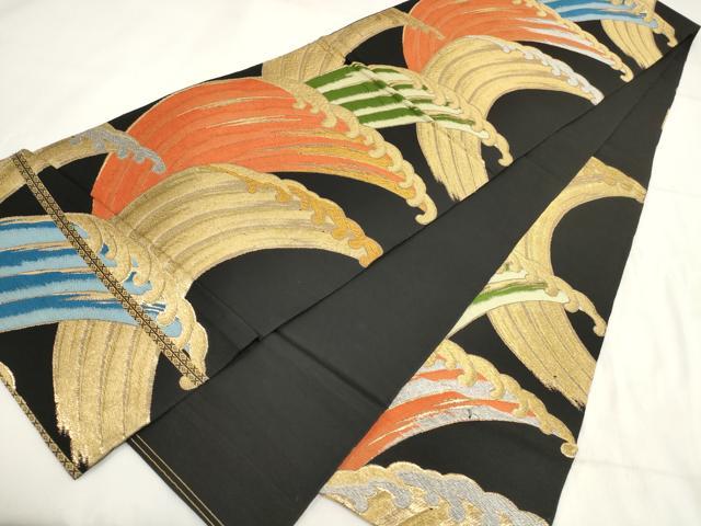 平和屋着物◎六通柄　本袋帯　立波文　黒地　金銀糸　正絹　逸品　AABH1185wj