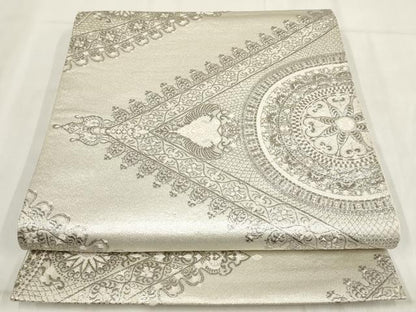 平和屋着物◎六通柄袋帯 吉祥花文 銀糸 正絹 逸品 AABH1187wj