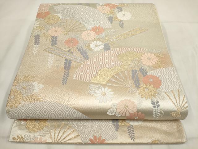 平和屋着物◎六通柄袋帯 綾小袖 扇面花文 金銀糸 正絹 逸品 AABH1188wj