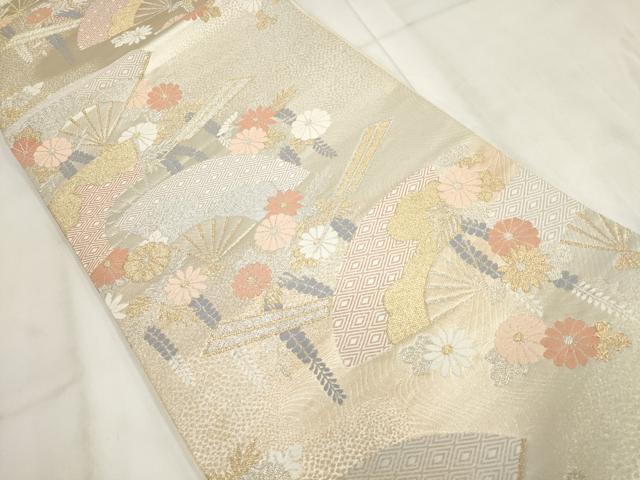 平和屋着物◎六通柄袋帯 綾小袖 扇面花文 金銀糸 正絹 逸品 AABH1188wj