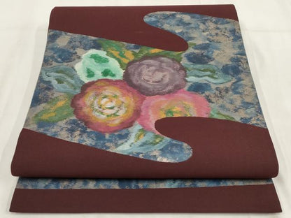 平和屋着物◎九寸開き名古屋帯 手描き 霞取り花文 金糸 正絹 逸品 AABH1196wj
