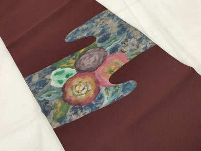 平和屋着物◎九寸開き名古屋帯 手描き 霞取り花文 金糸 正絹 逸品 AABH1196wj