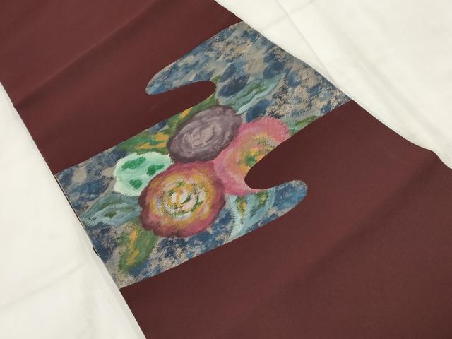 平和屋着物◎九寸開き名古屋帯 手描き 霞取り花文 金糸 正絹 逸品 AABH1196wj