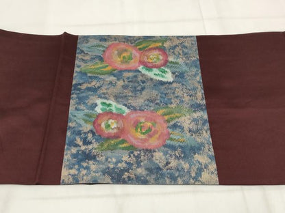 平和屋着物◎九寸開き名古屋帯 手描き 霞取り花文 金糸 正絹 逸品 AABH1196wj