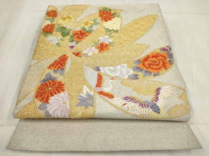 平和屋着物◎八寸名古屋帯 唐織 花鳥文 金銀糸 正絹 逸品 AABH1206wj