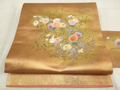 平和屋着物◎九寸名古屋帯　刺繍　牡丹文　金糸　正絹　逸品　AABH1215wj