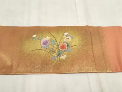 平和屋着物◎九寸名古屋帯　刺繍　牡丹文　金糸　正絹　逸品　AABH1215wj