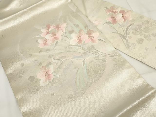 平和屋着物◎九寸名古屋帯 刺繍 草花文 金銀糸 正絹 逸品 AABH1223wj