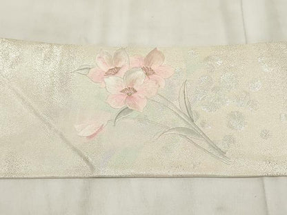 平和屋着物◎九寸名古屋帯 刺繍 草花文 金銀糸 正絹 逸品 AABH1223wj