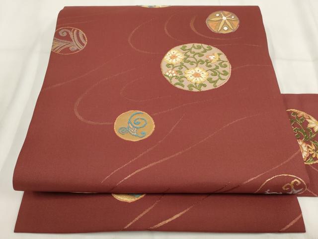 平和屋着物◎九寸名古屋帯 唐織 流水花丸文 金糸 正絹 逸品 AABH1230wj