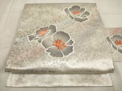 平和屋着物◎九寸名古屋帯 霞花文 金銀糸 正絹 逸品 AABH1231wj