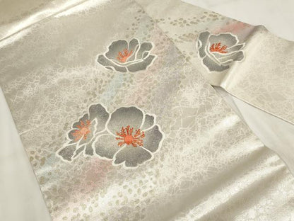 平和屋着物◎九寸名古屋帯 霞花文 金銀糸 正絹 逸品 AABH1231wj