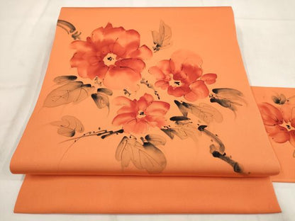 平和屋着物◎塩瀬　九寸名古屋帯　手描き　草花文　正絹　逸品　AABH1243wj