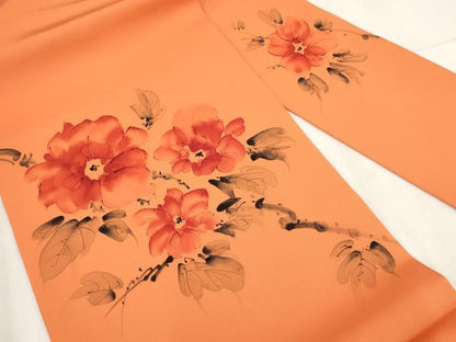 平和屋着物◎塩瀬　九寸名古屋帯　手描き　草花文　正絹　逸品　AABH1243wj