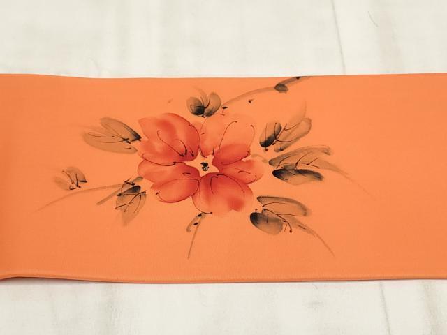 平和屋着物◎塩瀬　九寸名古屋帯　手描き　草花文　正絹　逸品　AABH1243wj
