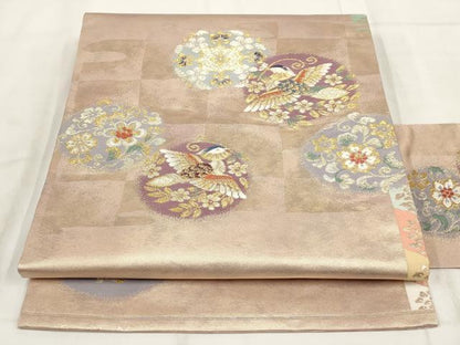 平和屋着物◎九寸名古屋帯 花鳥丸文 金糸 正絹 逸品 AABH1246wj