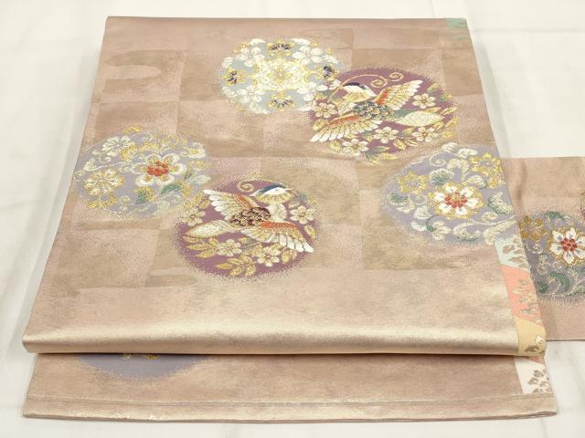 平和屋着物◎九寸名古屋帯 花鳥丸文 金糸 正絹 逸品 AABH1246wj
