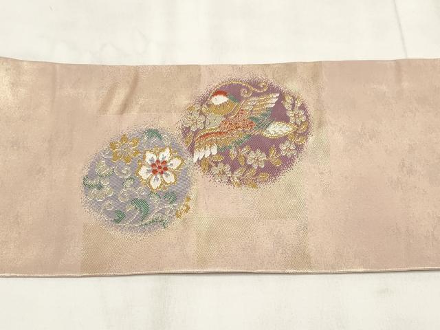 平和屋着物◎九寸名古屋帯 花鳥丸文 金糸 正絹 逸品 AABH1246wj