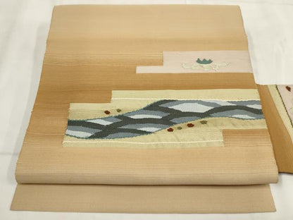 平和屋着物◎九寸名古屋帯　紬地　幾何学文様　正絹　逸品　AABH1254wj