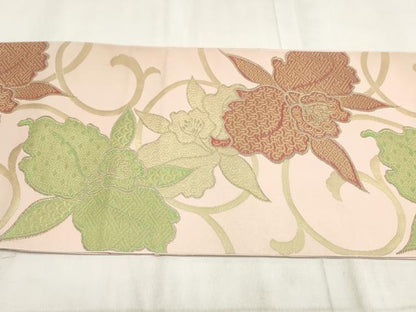 平和屋着物◎八寸名古屋帯　草花文　金糸　正絹　逸品　AABH1272wj