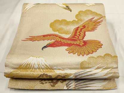 平和屋着物◎アンティーク 大正ロマン 丸帯 飛鶴花文 金糸 正絹 逸品 AABH1303wj