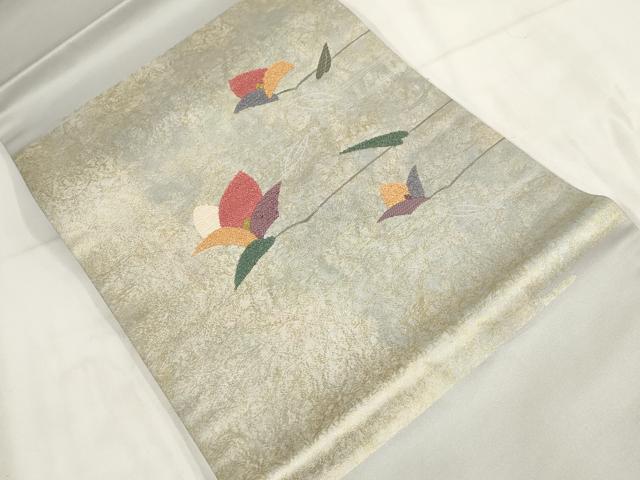 平和屋着物◎九寸開き名古屋帯　草花文　金糸　正絹　逸品　AABH1304wj