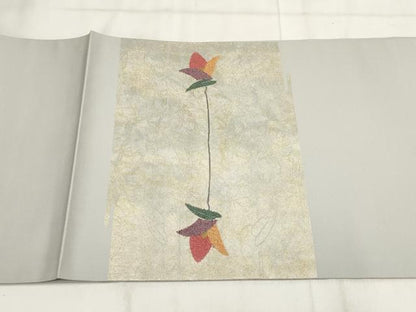 平和屋着物◎九寸開き名古屋帯　草花文　金糸　正絹　逸品　AABH1304wj