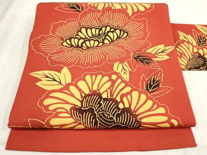 平和屋着物◎塩瀬　九寸名古屋帯　型染め　草花文　正絹　逸品　AABH1309wj