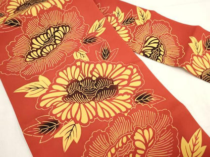 平和屋着物◎塩瀬　九寸名古屋帯　型染め　草花文　正絹　逸品　AABH1309wj