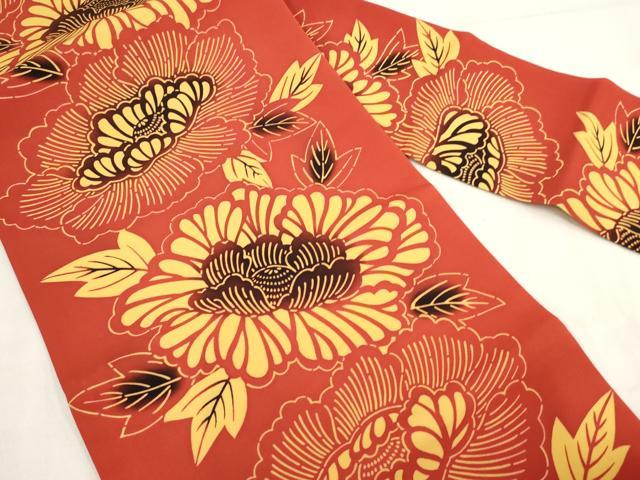 平和屋着物◎塩瀬　九寸名古屋帯　型染め　草花文　正絹　逸品　AABH1309wj