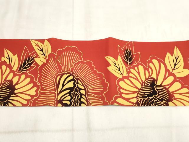 平和屋着物◎塩瀬　九寸名古屋帯　型染め　草花文　正絹　逸品　AABH1309wj