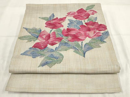 平和屋着物◎八寸名古屋帯　草花文　正絹　逸品　AABH1341wj