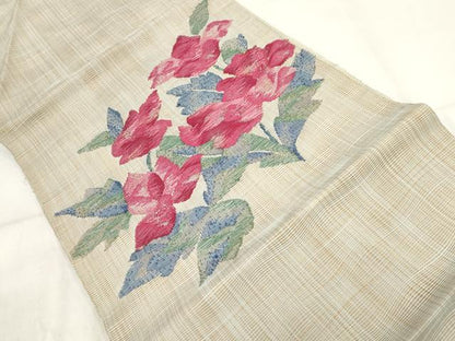 平和屋着物◎八寸名古屋帯　草花文　正絹　逸品　AABH1341wj
