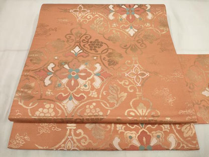 平和屋着物◎九寸名古屋帯　引箔六通　吉祥花文　金糸　正絹　逸品　AABH1344wj