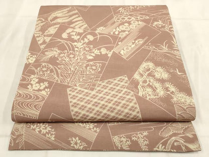 平和屋着物◎アンティーク　大正ロマン　丸帯　色紙草花文　正絹　逸品　AABH1353wj