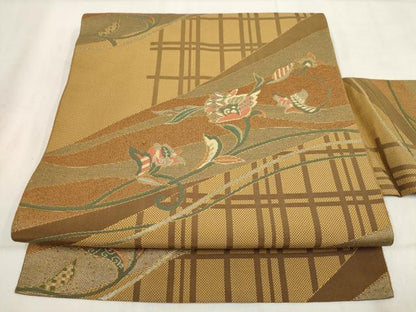 平和屋着物◎八寸名古屋帯　斜め取り花文　正絹　逸品　AABH1370wj