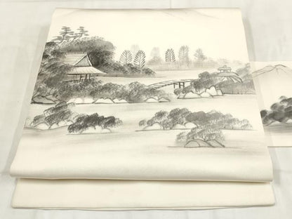 平和屋着物◎塩瀬　九寸名古屋帯　作家物　手描き　遠山風景文　正絹　逸品　AABH1371wj