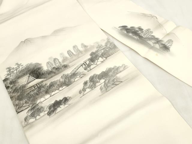 平和屋着物◎塩瀬　九寸名古屋帯　作家物　手描き　遠山風景文　正絹　逸品　AABH1371wj