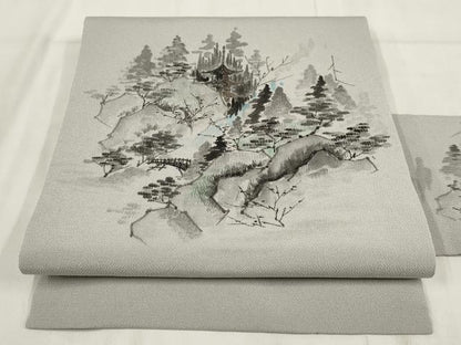 平和屋着物◎九寸名古屋帯 作家物 手描き 風景文 鬼しぼ縮緬 正絹 逸品 AABH1382wj