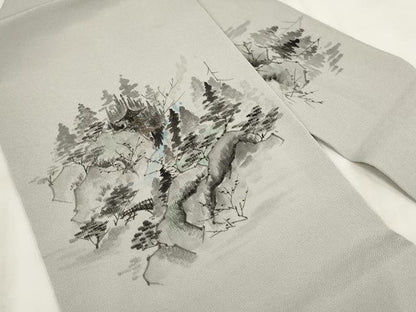平和屋着物◎九寸名古屋帯 作家物 手描き 風景文 鬼しぼ縮緬 正絹 逸品 AABH1382wj