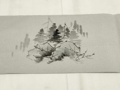 平和屋着物◎九寸名古屋帯 作家物 手描き 風景文 鬼しぼ縮緬 正絹 逸品 AABH1382wj