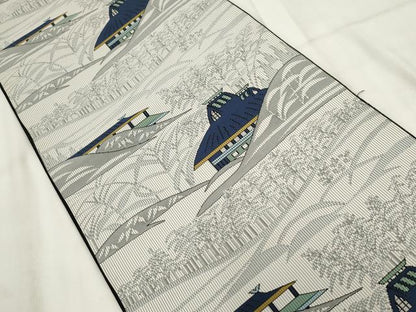 平和屋着物◎八寸名古屋帯　風景文　正絹　逸品　AABH1389wj